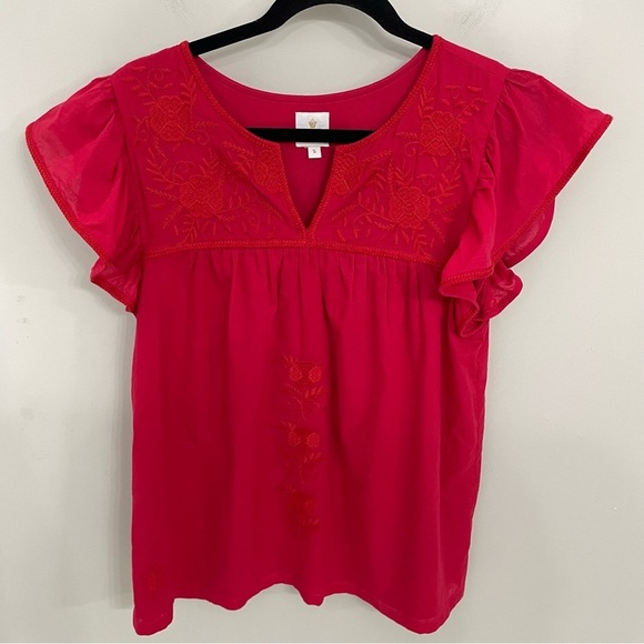 J. Marie Embroidered Peasant Blouse Size Small Relaxed Fit Ruffle Sleeve top 15 - Picture 1 of 9